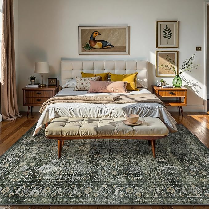 Lahome Margot Vintage 5x7 Area Rugs - Washable Non-Slip Boho Living Room Rugs for Under Table, Green Low Profile Soft Faux Wool for Bedroom, Dinning Room, Nursery, Playroom
