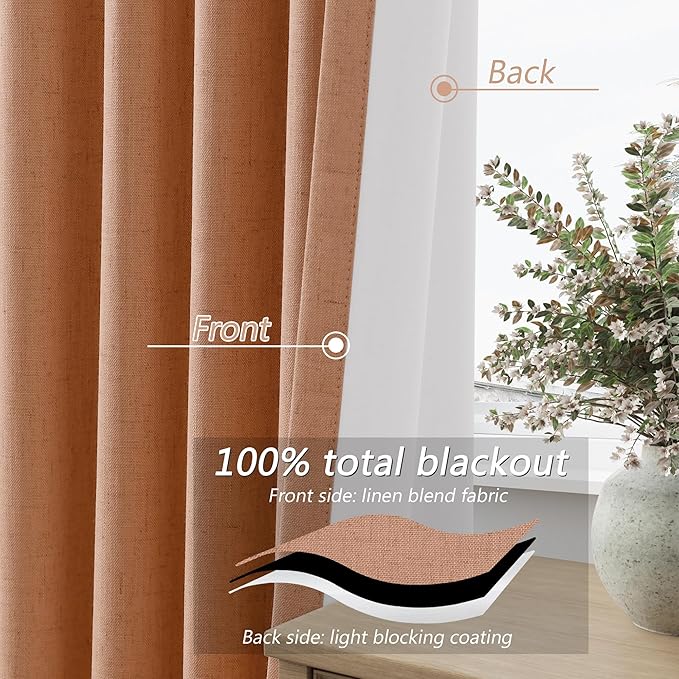 Guken 100% Blackout Curtains 90 Inch Length 2 Panels Set for Living Room Bedroom Back Tab Thermal Insulated Black Out Linen Drapes Room Darkening Peach Quartz,52x90
