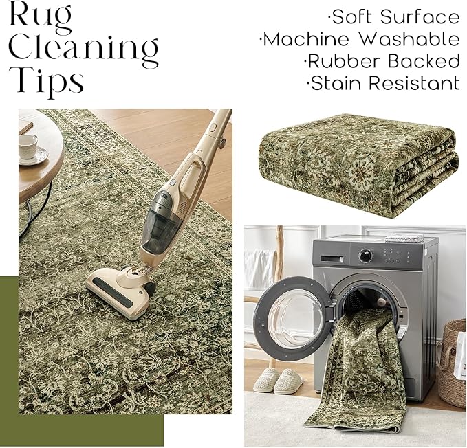 BILEEHOME Throw Rugs 2x3,Non Slip Washable Vintage Floral Boho Accent Soft Thin Small Area Rug for Sink Area Bathroom Bedroom 24 x 36,Olive Green and Beige