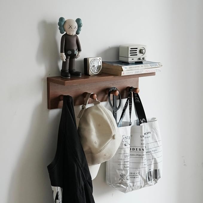 Wall Mounted Coat Rack with Shelf, Wooden Entryway Hooks, Teak Finish | Adjustable rail with movable wood hooks