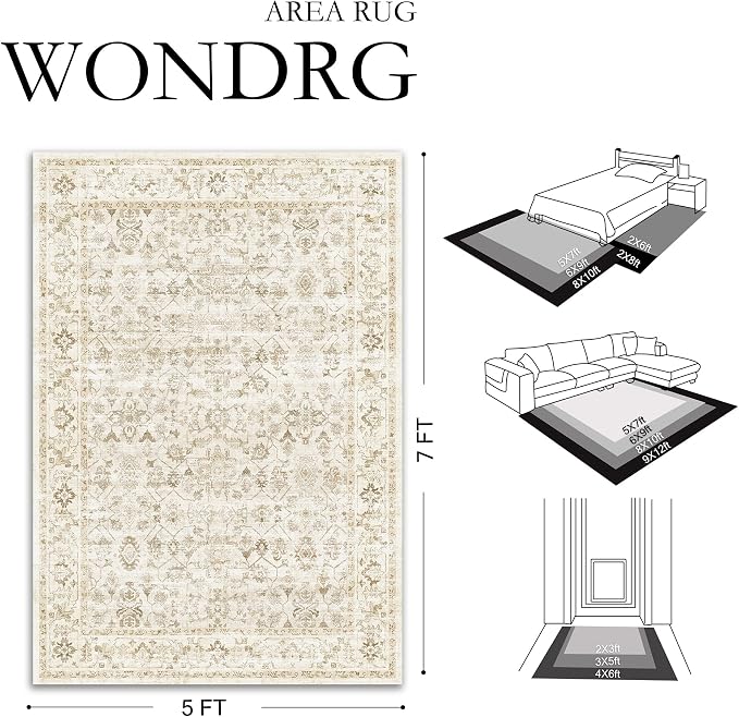 9x12 Beige Washable Neutral Area Rug for Living Room Soft Floral Non Slip Large Rug Modern Low Pile Stain Resistance Indoor Carpet Bedroom Office Playroom Office Classroom