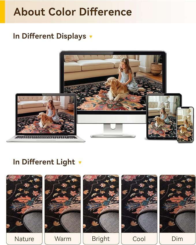 RELEANY Area Rugs 10'x12' Washable Non-Slip, Floral Vintage Distress Print Pattern Medallion Carpet for Living Room Bedroom Dining Room, Black Colorful Floral Dark Tan
