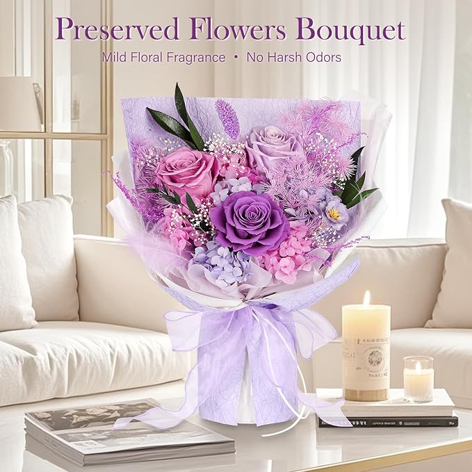 Preserved Bouquet of Flowers - 3 Roses & Flowers for Delivery, Long-Lasting Real Lavender Forever Flowers, Mothers Day Gifts for Mom Grandma Wife, Anniversary Birthday Gifts for Women