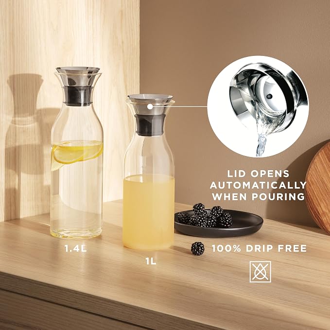 EVA SOLO | Fridge Carafe 1.0L | For Hot & Cold Drinks | 100% drip-free | Dishwasher-safe Borosilicate Glass | Stainless steel & Silicone Pouring Lip | Fits Most Refrigerator Doors | Danish Design