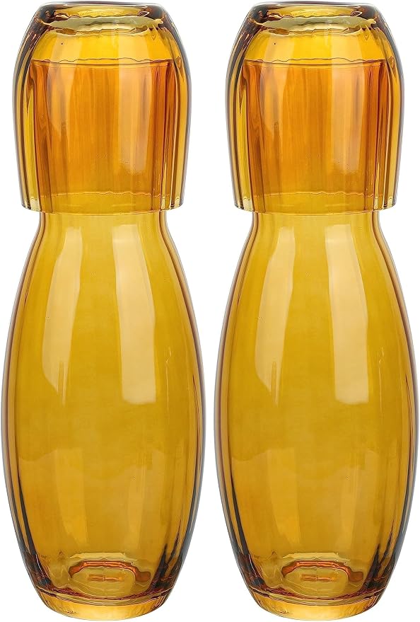 American Atelier 40 oz Bedside Water Carafe with Tumbler – 10.63" Ribbed 2-Piece Glass Set, Pitcher with Cup Lid for Nightstand, Guest Room, Office, Durable & Elegant Drinkware (Amber) (Pack of 2)