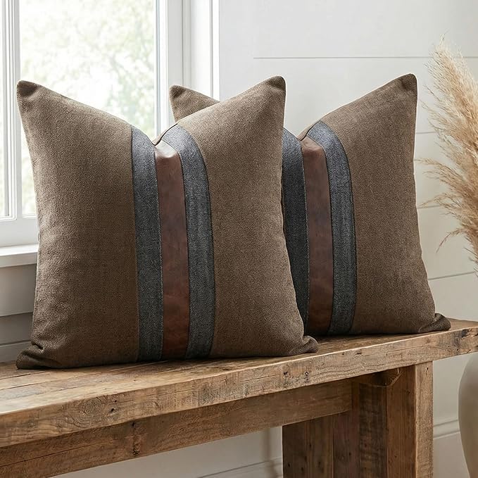 BOYSUM Set of 2 Leather Throw Pillow Covers Cotton Linen Decor Patchwork Pillow Cover Faux Leather Pillows Cover for Couch Sofa Living Room Bedroom,Dark Coffee 18"x18"