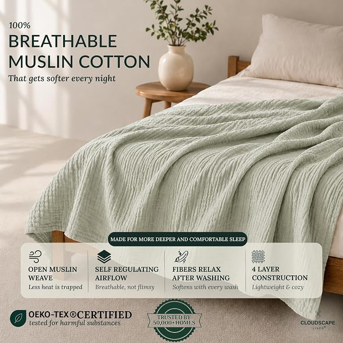 CLOUDSCAPE 4 Layer Muslin Blanket for Adults - 100% Cotton Blanket Queen Size Bedding - 92"x92" Fits Up to Full Size Bed - All-Season Lightweight Soft Gauze, Breathable Summer Blankets - Sea Foam