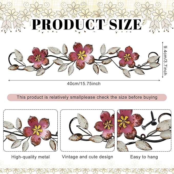 Wesiti Metal Flower Wall Decor Vintage Spring Metal Flower Wrought Iron Scroll Sculpture 15.7''x3.7'' Farmhouse Leaf Wall Decor with Nails for Spring Living Room Bedroom Indoor Outdoor (Pink)