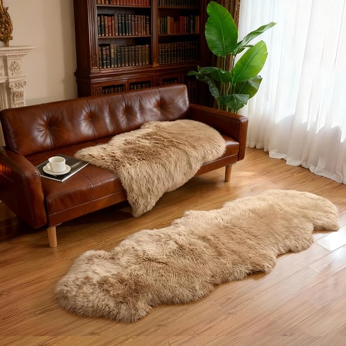 Premium Genuine Sheepskin Area Ruge - Real Wool Fur Shaggy Carpet | Fluffy Soft Natural Lambskin Rug Seat Chair Covers for Couch Sofa Bedroom Living Room(Tan,2×6 Feet Sheepskin)