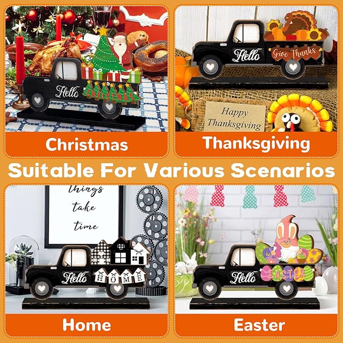 34 Pcs Small Interchangeable Patriotic Truck Decor 4th of July Table Centerpiece Holiday Seasonal Sign Farmhouse Wood Home Office Desk Accessories Memorial Day Tiered Tray Decorations Gift