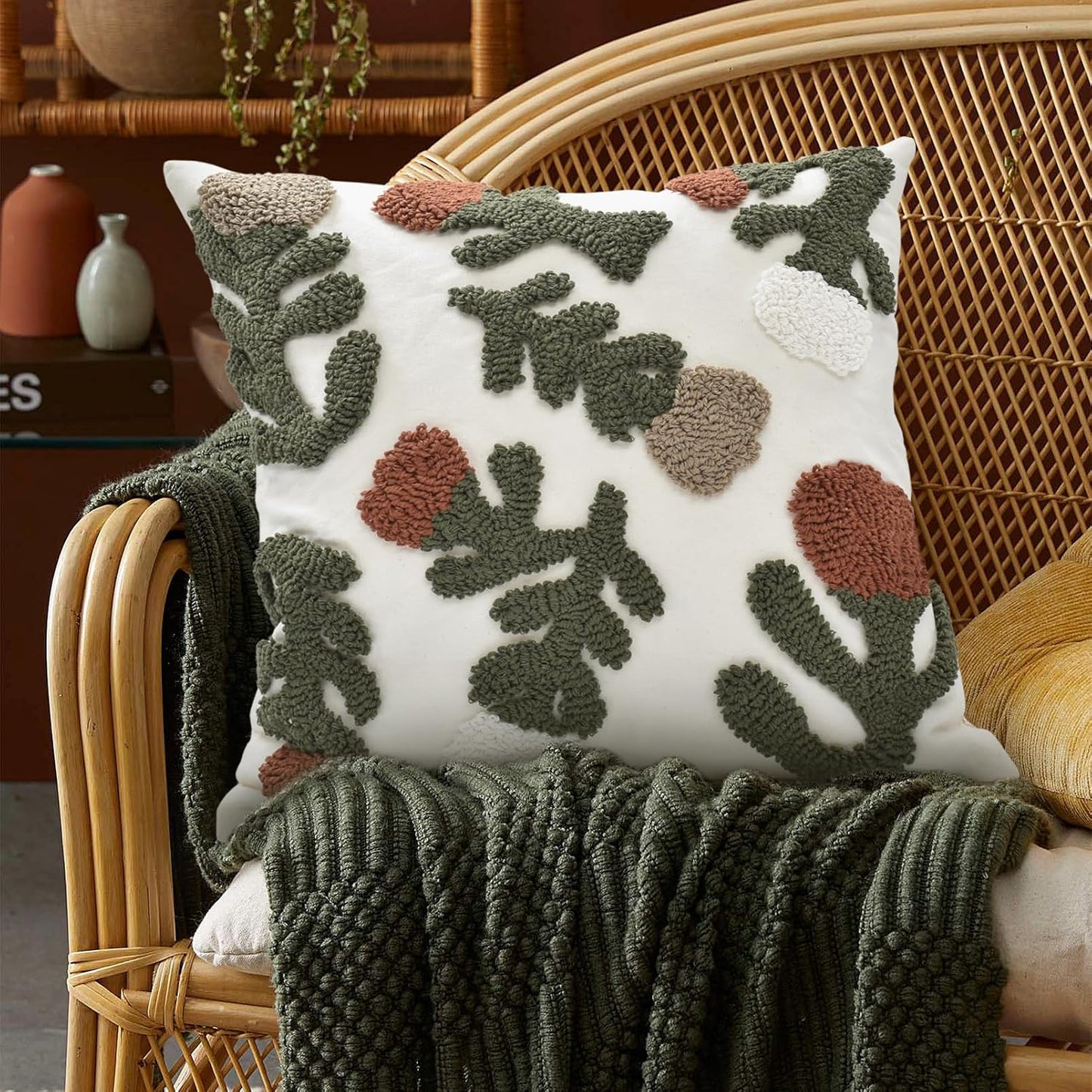 Boho Pillow Covers 18X18 Inch Boho Tufted Throw Pillow Covers Decorative Tassels Cushion Cover Farmhouse Pillow Case for Couch Sofa Bed Living Room Bedroom, Rust Floral