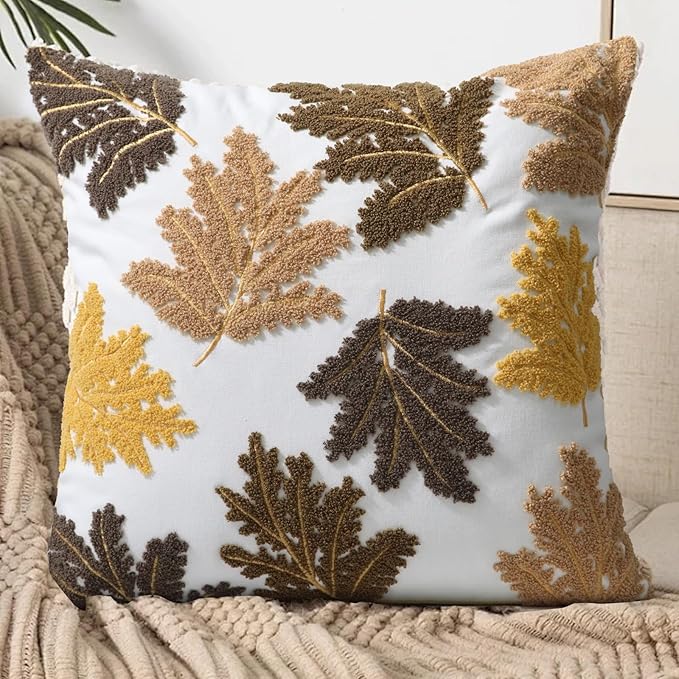 Set of 2 Embroidered Decorative Throw Pillow Covers Couch Square Pillowcases Cushion for Bedroom Sofa Farmhouse Decor 18x18 Inch (Yellow Maple Leaf)