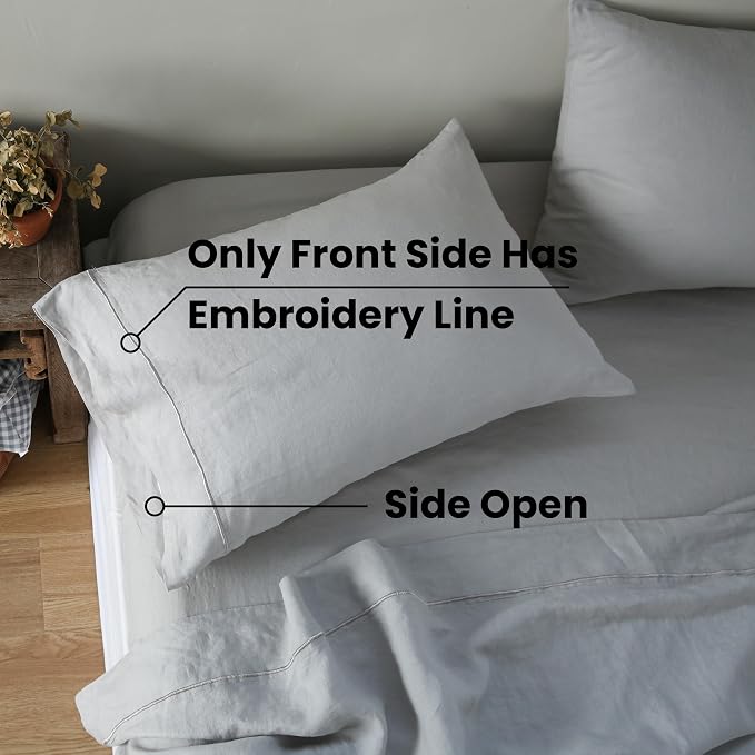 100% French Linen Pillowcases with Embroidery - Pack of 2 - Washed Solid Color Natural Flax Soft Breathable - Grey, 20'' x 30''