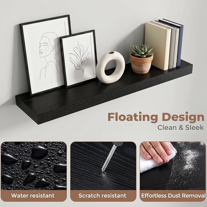 36 Inch Floating Shelves for Wall, 8"D Wood Storage Shelves, Black Finish | Engineered Wood, Invisible Bracket, Large Storage, Easy Install, Hold Up to 55lbs, Living Room, Bathroom, Bedroom, Kitchen