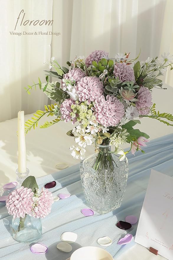 Floroom Artificial Dahlia Flowers 25pcs Real Looking Pale Lavender Foam Fake Roses with Stems for DIY Wedding Bouquets Lilac Bridal Shower Centerpieces Floral Arrangements Party Tables Home Decoration