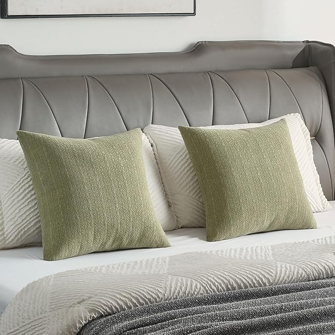 FUTEI Sage Green Chenille Throw Pillow Covers 16x16 Inch Set of 2,Soft Striped & Diamond Textured Cushion Cases,Modern Home Decor for Couch Living Room