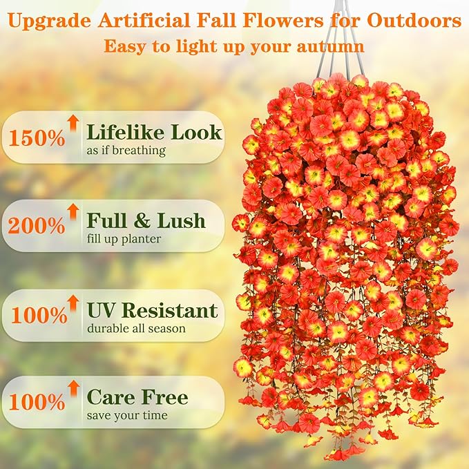 Dolicer 4 Packs Look Real Artificial Fall Flowers Mums for Outdoors, Realistic Faux Mums for Outdoor Planters, UV Resistant Fall Flowers Artificial for Decoration Front Porch (Mixed Orange)