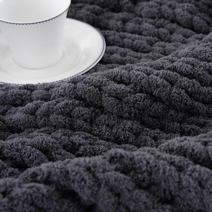 Battilo Chunky Knit Throw Blanket, Soft and Thick Chenille Throw Blanket, 50"x60" Handmade Cable Knit Crochet Blanket, Dark Grey Knot Knitted Throw Blankets for Couch Sofa Bed Home Decor