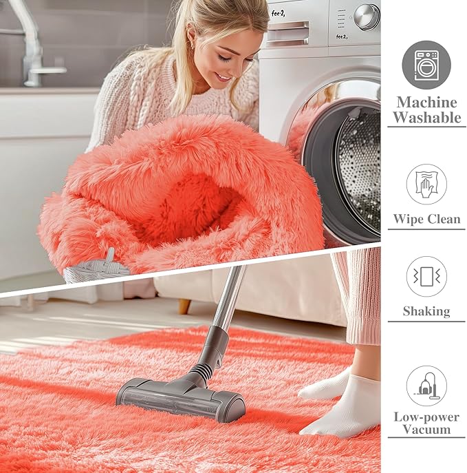 OLANLY 2x5 Machine Washable Runner Rugs for Hallway, Soft Fluffy Shaggy Bedside Rugs for Bedroom, Living Room, Indoor Floor Carpet for Kids Girls and Boys, Home Decor Aesthetic, Coral Red
