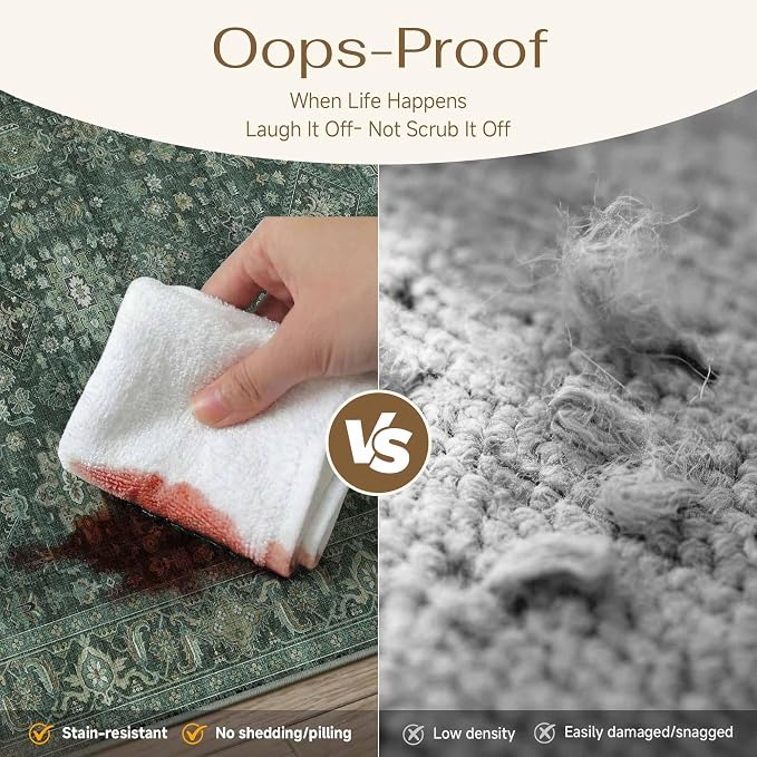 9x12 Washable Area Rug for Living Room Bedroom Vintage Green Non Slip Carpet Traditional Retro Soft Low Pile Large Throw Rug for Dining Room Kitchen Office Indoor