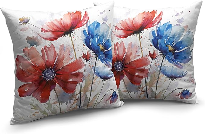 Pack of 2 White Square Linen Pillow Covers Red and Blue Floral Pillow Case Modern Art Watercolor Farmhouse Pillowcase for Living Room Patio Outdoor 24x24