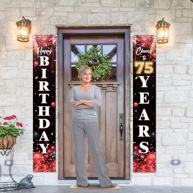 Happy 75th Birthday Porch Sign Door Banner Decor Red and Black – Glitter Cheers to 75 Years Old Birthday Party Theme Decorations for Men Women Supplies