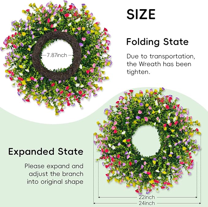 Spring Wreaths for Front Door, 24 Inch Large Farmhouse Colorful Cottage Wreath, Extra-Full 378 Silk Artificial Carnation Floral Wreath, Blossom & Greenery Hanging for Porch, Home Summer Decorations