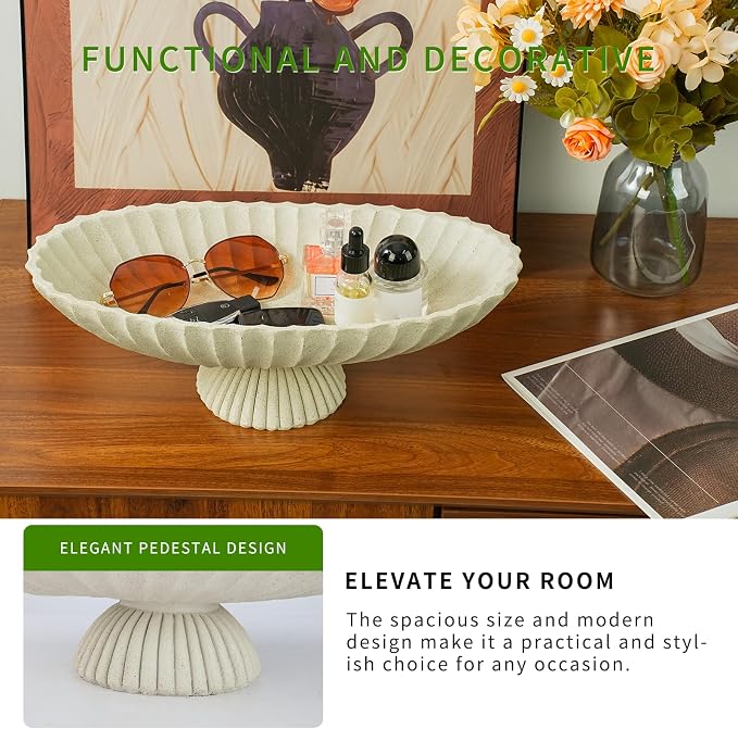 14.5" Large Decorative Long Bowl decor - Fluted Scalloped Decorative Bowls for Home Decor - Ruffle Decor,Stylish Key Bowl for Entry Table,Decorative Fruit Bowls for Kitchen Counter,Light Gray