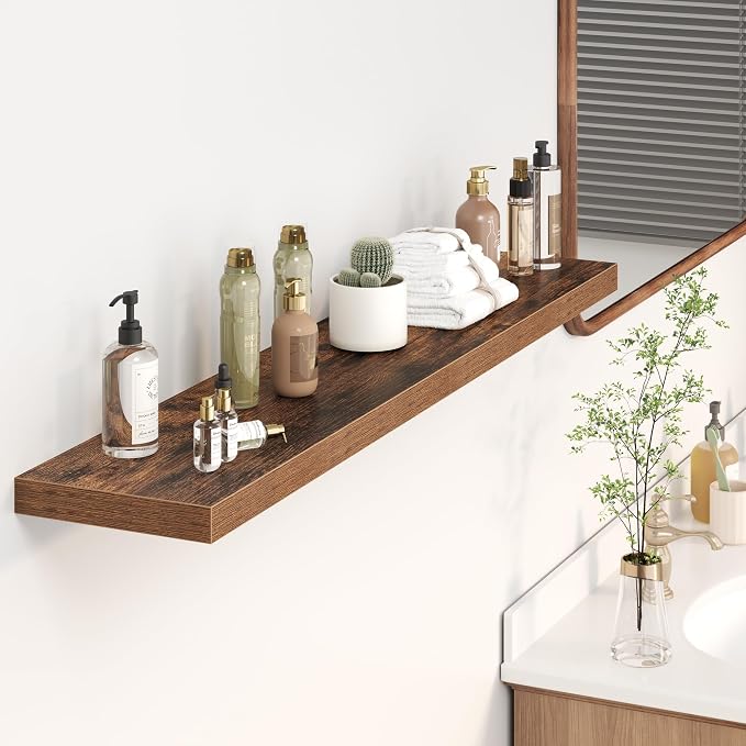 Floating Shelves for Wall 48 Inches Long,9.3" Deep Rustic Brown Floating Shelf Set of 2,Wall Mounted Wood Shelves for Bathroom Bedroom Living Room Kitchen Office,Shelf for Books Storage Room Decor