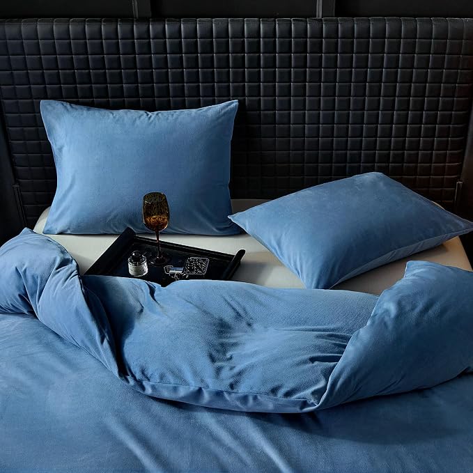 WARMDERN Light Blue Flannel Velvet Duvet Cover Queen Size Duvet Cover Bedding Sets, 3pcs Ultra Soft Luxury Textured Modern Crystal Velvet Duvet Covers with Zipper Closure(Light Blue, Queen)