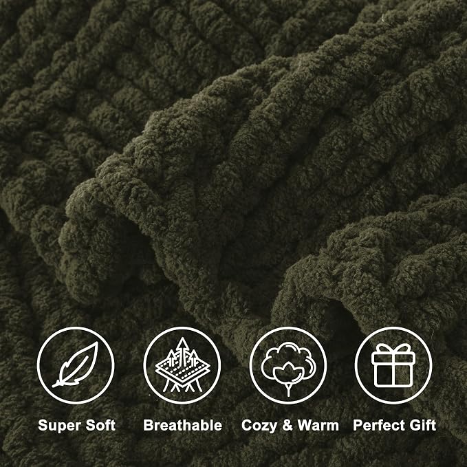 Battilo Chunky Knit Throw Blanket for Couch, 50"x60", Olive Green | Hand Knit, Gift Blanket, Cozy Warm Thick Soft Chenille Throw Blanket for Bed, Sofa, Living Room