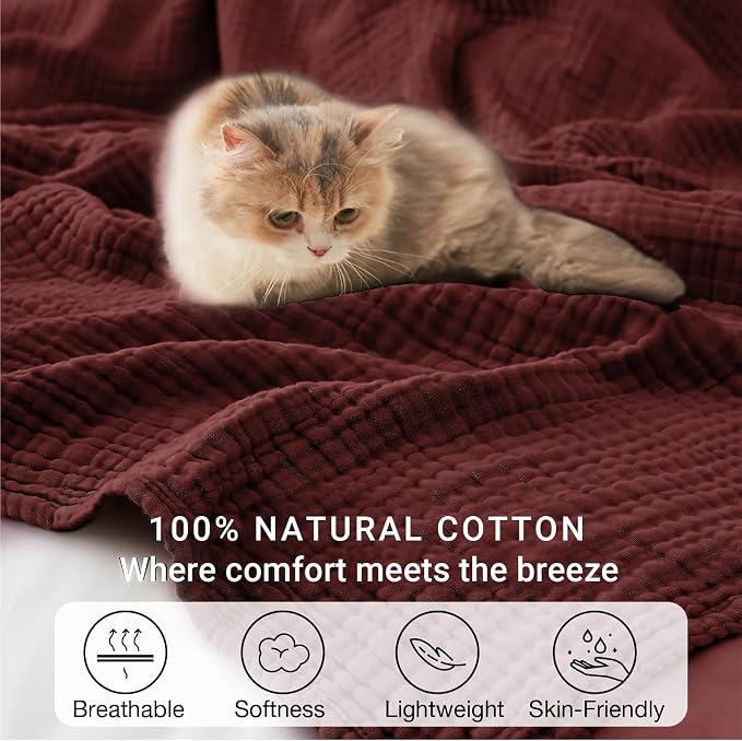 100% Cotton Muslin Blanket Twin 60" x 80", Breathable and Lightweight Cotton Twin Blankets for Couch, Soft Cooling Summer Gauze Blanket for Adults All Season, Burgundy