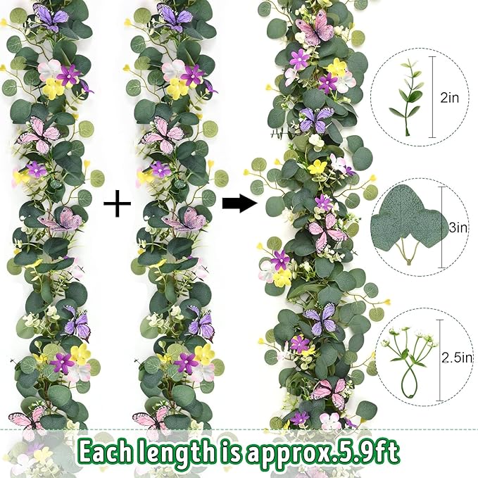 Waipfaru 4Pcs Eucalyptus Garland with Daisy 3D Butterfly, Green Garland with Flowers, 5.9FT Artificial Faux Eucalyptus Leaves Vines for Table Mantle Home Wedding Party Indoor Outdoor Decor