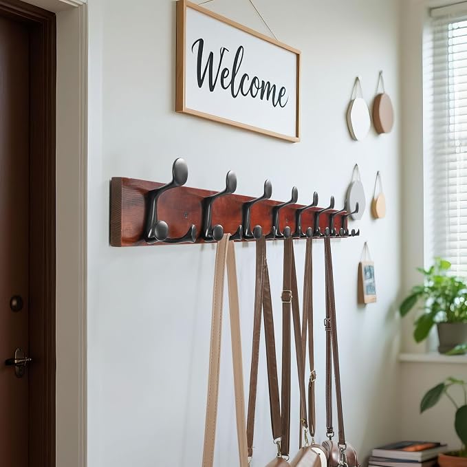 WEBI Coat Rack Wall Mount,43" Solid Wood Coat Hooks Wall Mounted Coat Hanger,16" Hole to Hole,Heavy Duty Hook Rack Rail,8 Triple Hooks for Hanging Coats,Jacket,Clothes,Hat,Backpack,Cherry,2 Packs