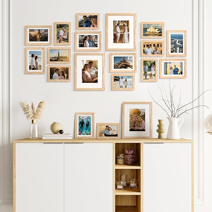 upsimples 19 Pack Picture Frames Collage Wall Decor for Mounting or Tabletop Display, Photo Gallery Frame Set for Family, Multi Sizes Including 8x10, 5x7, 4x6, Natural