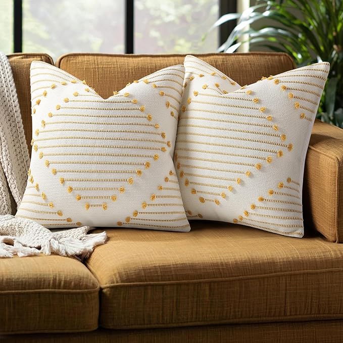 Mecatny Boho Outdoor Throw Pillow Covers 18X18 Set of 2, Farmhouse Decorative Pillow Covers for Couch Sofa Living Room, Yellow & White