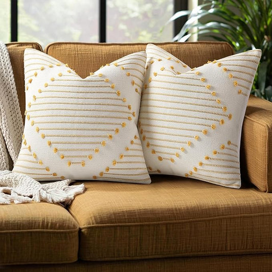 Mecatny Boho Outdoor Throw Pillow Covers 18X18 Set of 2, Farmhouse Decorative Pillow Covers for Couch Sofa Living Room, Yellow & White