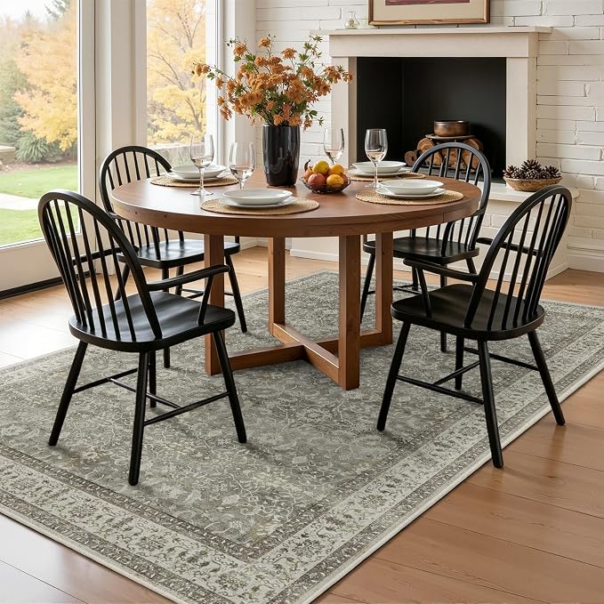 Neutral Gray 5x7 Area Rugs, Transitional Modern Faromhouse Print Rugs for Living Room Bedroom, Washable Non Slip Ultra Thin Carpet Rug for Dining Room Home Office, Soft French Gray/Beige/Olive