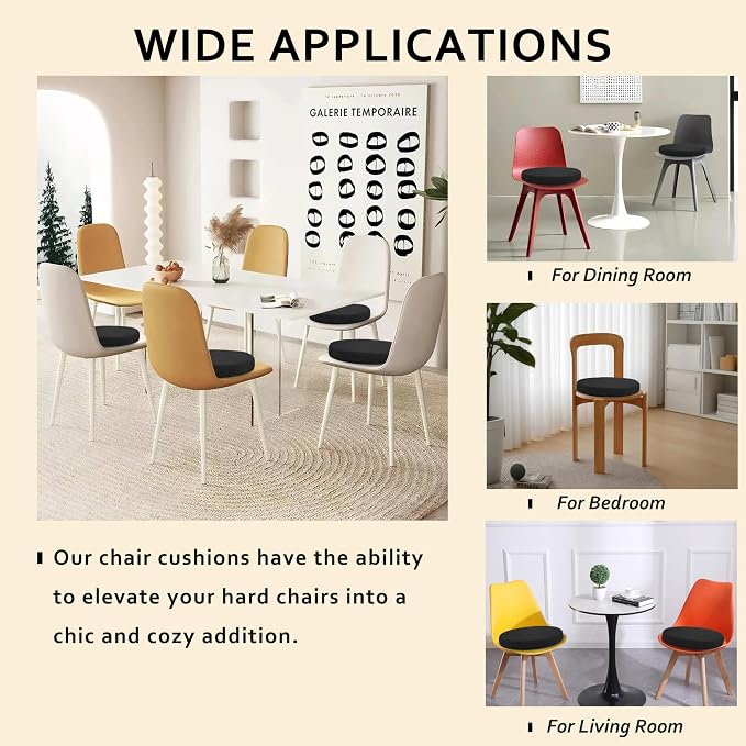 ELFJOY Round Chair Cushions for Dining Chairs Non Slip High-Resilience Foam Chair Pads 2" Thick Seat Cushions for Kitchen Chairs Set of 2 16" Black