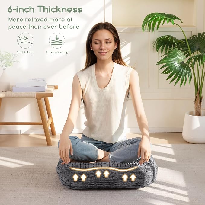 HIGOGOGO 6" Floor Pillow Cushion for Adults, Meditation Cushion Pillow, Blended Corduroy Cover, Large Square Floor Sitting for Tatami Living Room or Yoga, 22x22 Inch, Dark Grey