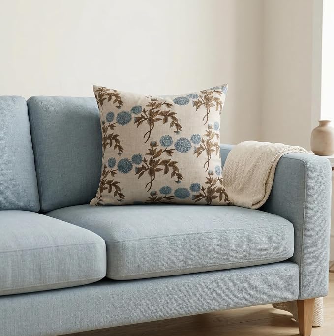 Linen Blue Throw Pillow Covers 20x20 inch Floral Pillows Spring Decorative Pillow Covers for Living Room Bedroom