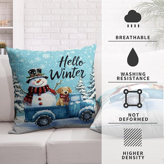 Hello Winter Pillow Covers Set of 2 Blue Truck with Lovely Snowman Puppy Dog Throw Pillow Case 24x24 Snowflakes Snowman Cushion Case for Holiday Decorations Couch Sofa