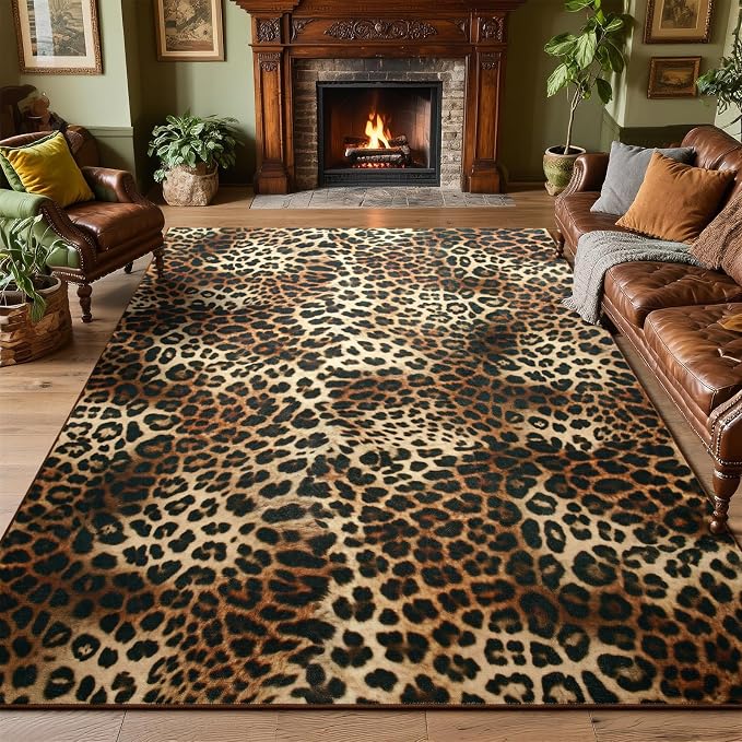 DweIke Leopard Rugs for Living Room, 5x7 Cheetah Print Rug for Bedroom Decor, Washable Non-Slip Stain Resistant Faux Animal Throw Carpet for Dining Room Office Western Home, Dark Brown