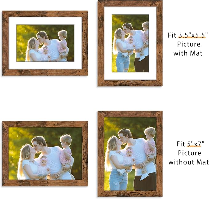 Picrit 5x7 Picture Frame Set of 12, Display 4x6 with Mat or 5x7 without Mat, Photo Frames for Wall Mounting or Table Top Display, Brown
