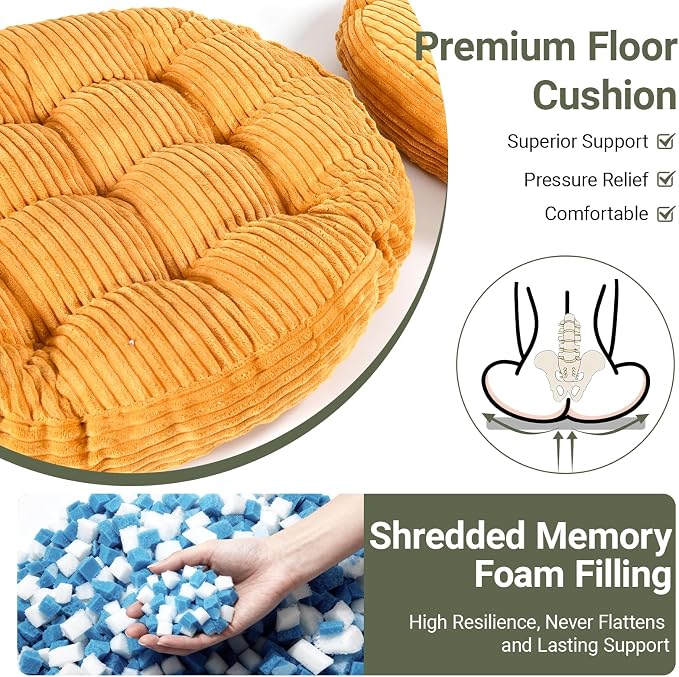 Large Floor Pillow for Adults, 22x22" Memory Foam Floor Cushion with Corduroy Cover, Round Floor Sitting Cushions for Meditation, Lounge,Seating for Yoga, Tatami Living Room (2, Round-Orange)