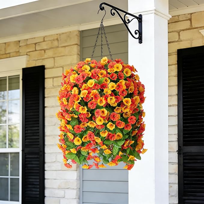 INXUGAO Artificial Flowers with Hanging Basket, Outdoor Faux Plants Silk Morning Glory Vines, Fake Green Arrangement for Garden Patio Spring Summer Decor(4pcs,Orange)