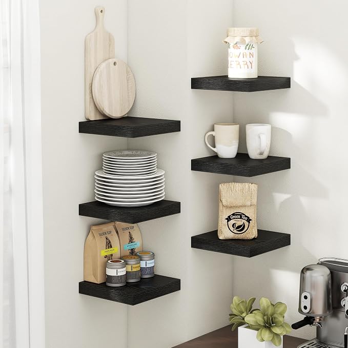 8 Inch Floating Shelves for Wall with Invisible Brackets Set of 3, 8"D Engineered Wood Wall Shelves with Wood Grain for Living Room, Bedroom, Bathroom, Kitchen Decor and Storage, Black Finish