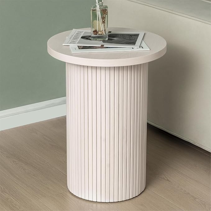 Farmhouse End Table Fully Assembled with Fluted Column, 16.93" Drum Side Table for Living Room, Natural White Finish Pedestal Table for Bedroom, Boho Rustic French Country Decor