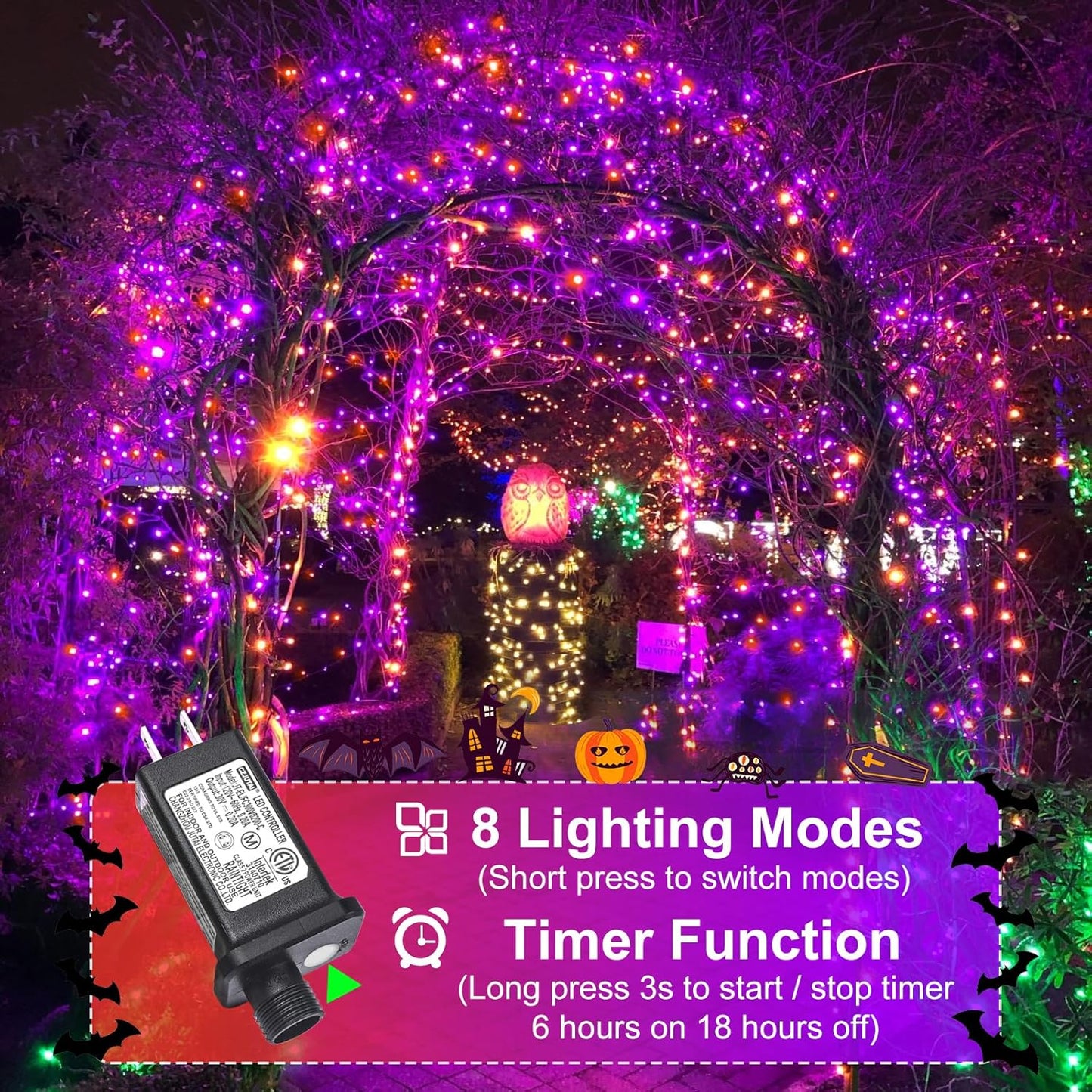 Purple Orange Halloween Lights Outdoor, 66FT 200 LED String Lights for Outside with 8 Modes Waterproof, Plug in Twinkle Tree Light Green Wire for Indoor Bedroom Garden Patio Party Decorations