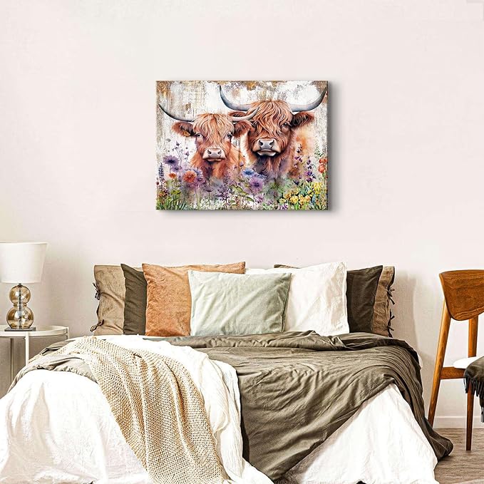 Farmhouse Highland Cow Wall Art Extra Large Flower Cow Pictures Wall Decor Western Animal Scottish Cattle Painting Canvas Prints Living Room Rustic Country Farm Artwork Bedroom Home Decorations 32x48"